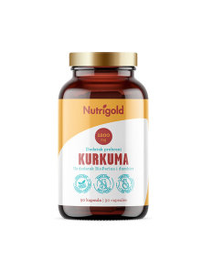 Nutrigold veganske kurkuma kapsule s dodatkom đumbira i bioperina u staklenoj ambalaži od 90 kapsula
